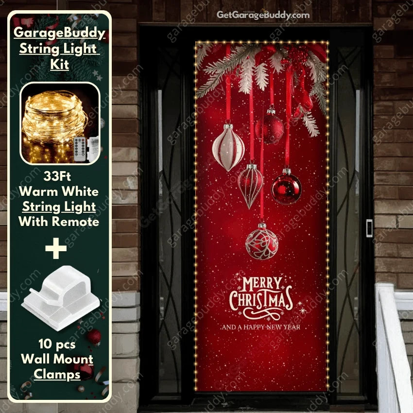 Christmas Ornaments front door cover on a brick entrance with optional string light kit illustrated.
