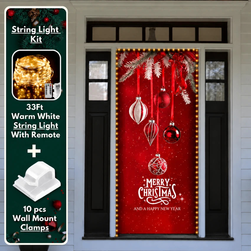Christmas Ornaments front door cover on a light-colored entrance with optional string light kit illustrated.