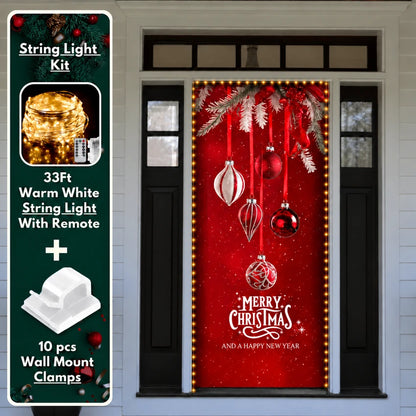 Christmas Ornaments front door cover on a light-colored entrance with optional string light kit illustrated.