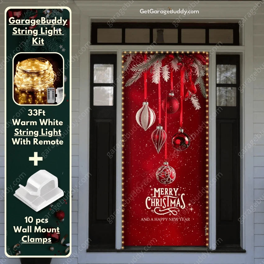 Christmas Ornaments front door cover on a light-colored entrance with optional string light kit illustrated.