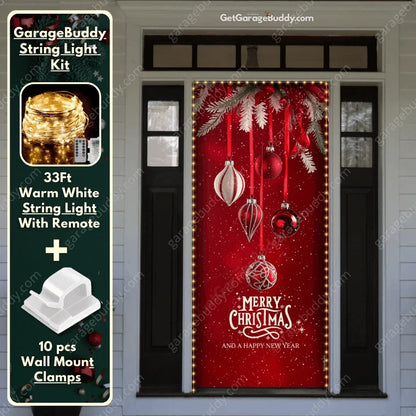 Christmas Ornaments front door cover on a light-colored entrance with optional string light kit illustrated.