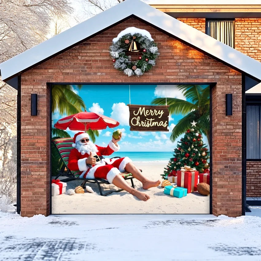 Christmas Paradise garage door cover shown on a single garage door