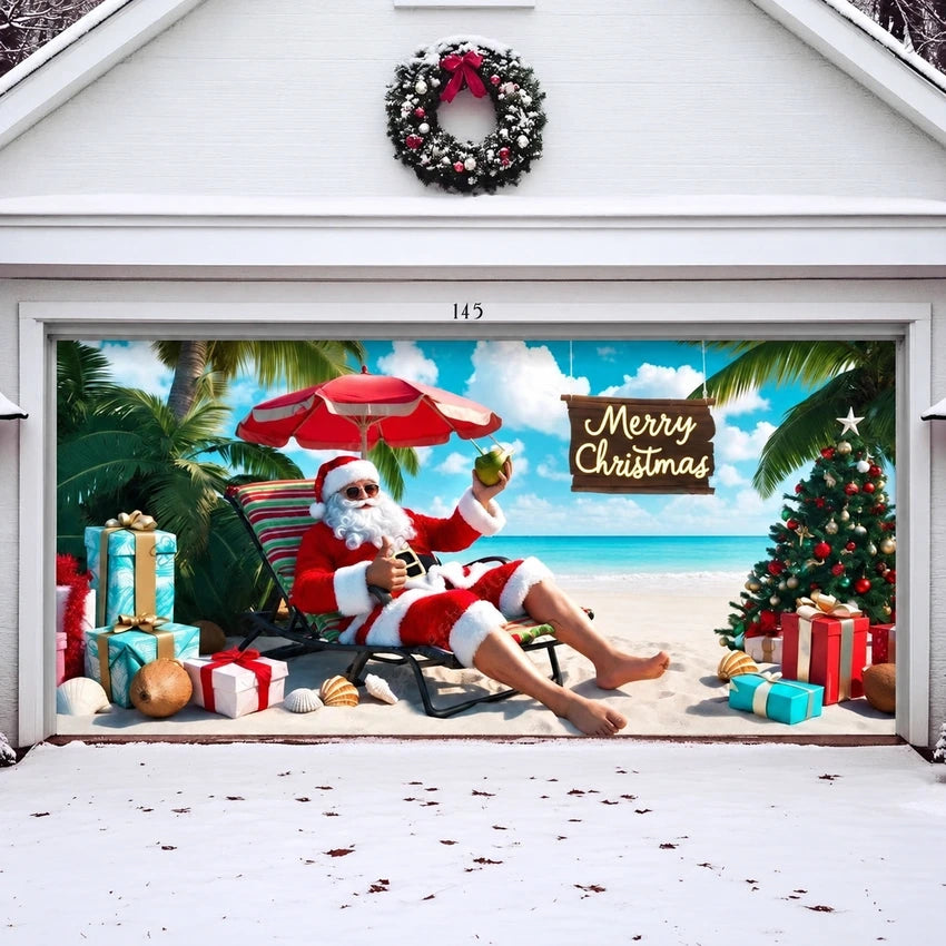 Christmas Paradise garage door cover shown on a wide garage door