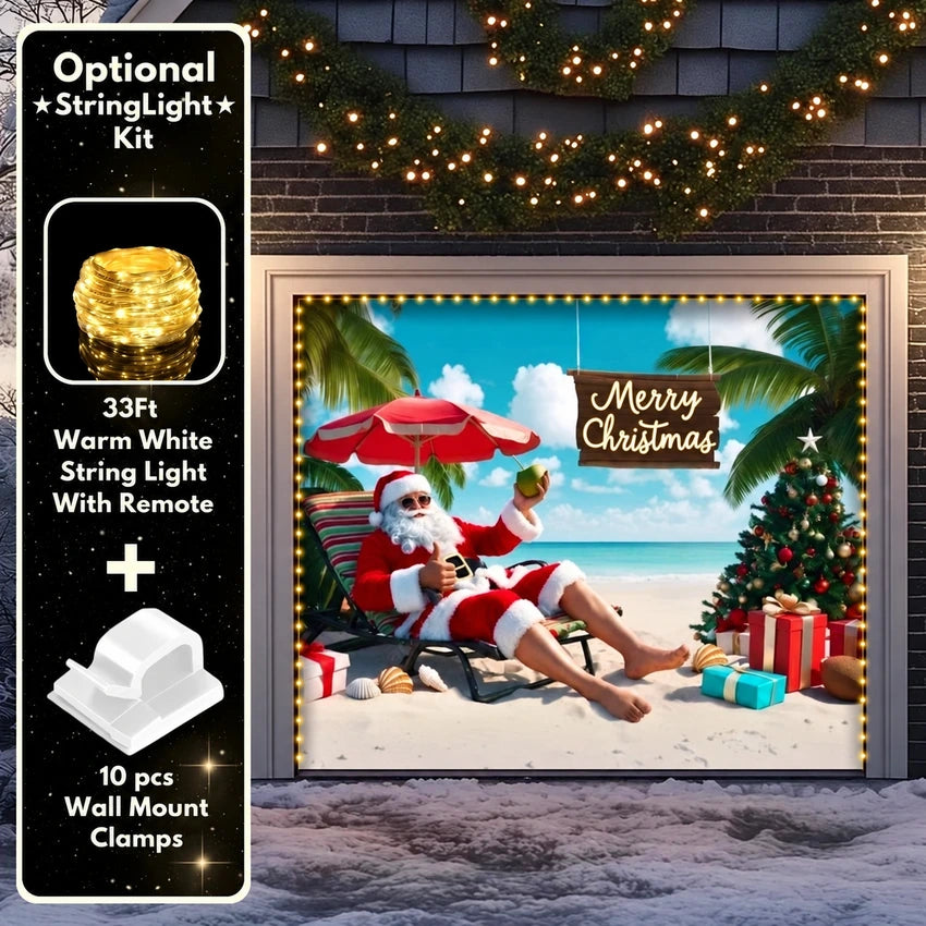 Christmas Paradise garage door cover shown on a single garage door with the optional string light kit