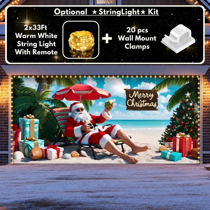 Christmas Paradise garage door cover shown on a wide garage door with the optional string light kit