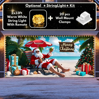 Christmas Paradise garage door cover shown on a wide garage door with the optional string light kit