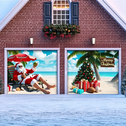 Christmas Paradise garage door cover shown on two garage doors