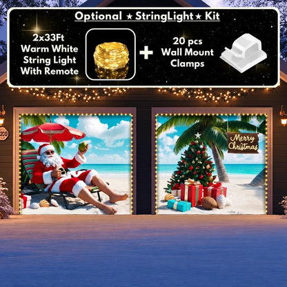Christmas Paradise garage door cover shown on two garage doors with the optional string light kit