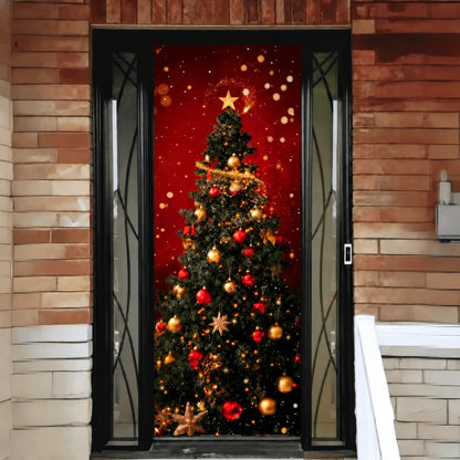 Christmas Tree front door cover on a brick entrance.