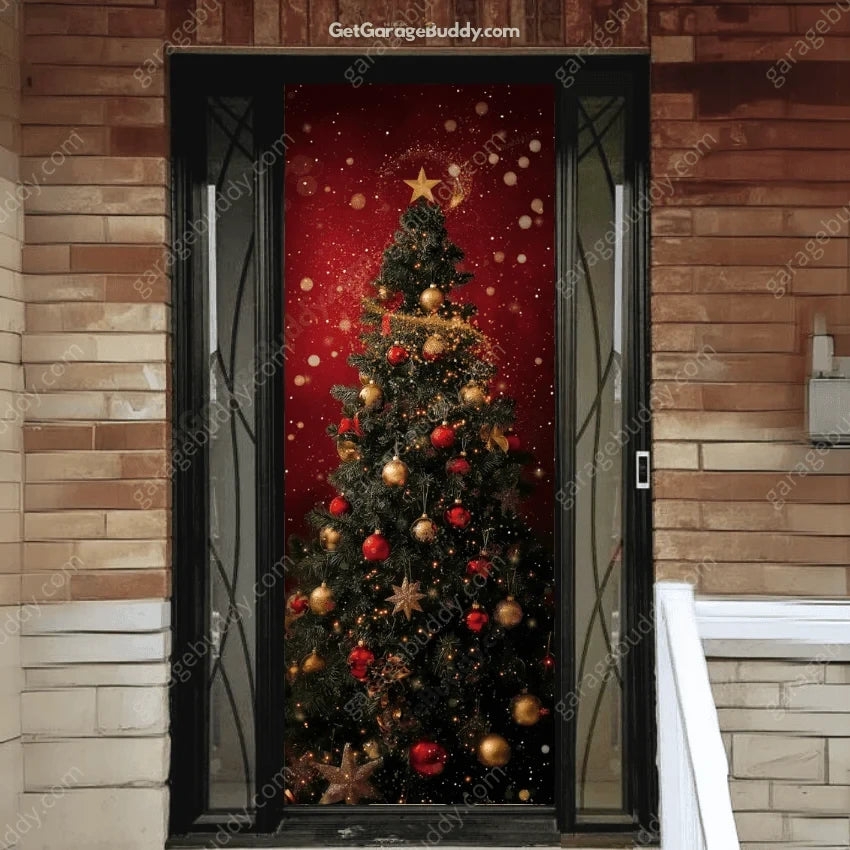 Christmas Tree front door cover on a brick entrance.