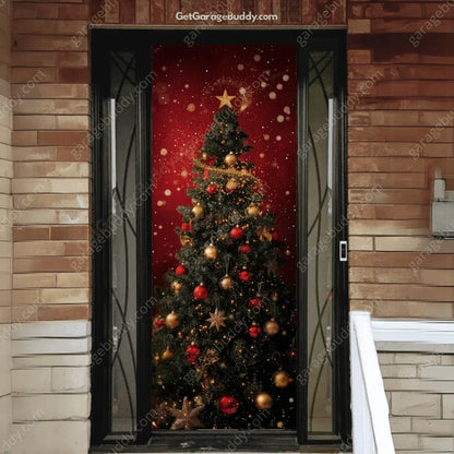 Christmas Tree front door cover on a brick entrance.