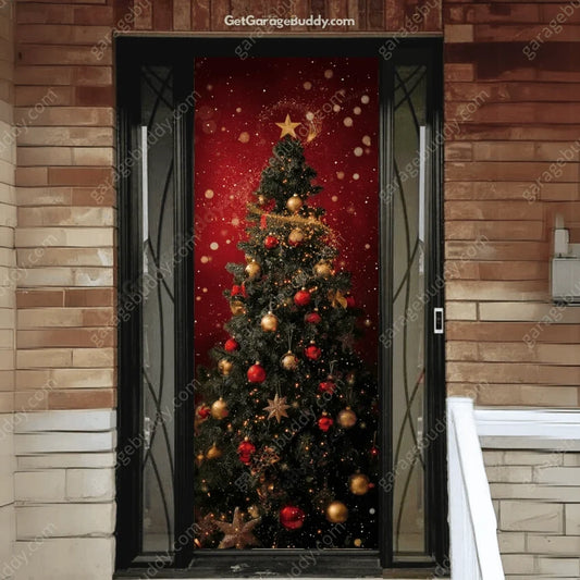 Christmas Tree front door cover on a brick entrance.