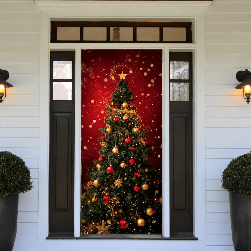 Christmas Tree front door cover on a light-colored entrance.