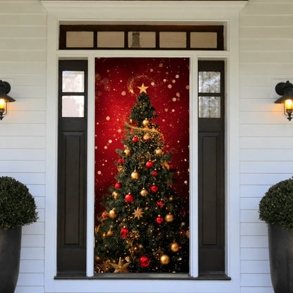 Christmas Tree front door cover on a light-colored entrance.