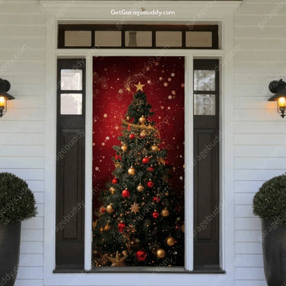Christmas Tree front door cover on a light-colored entrance.
