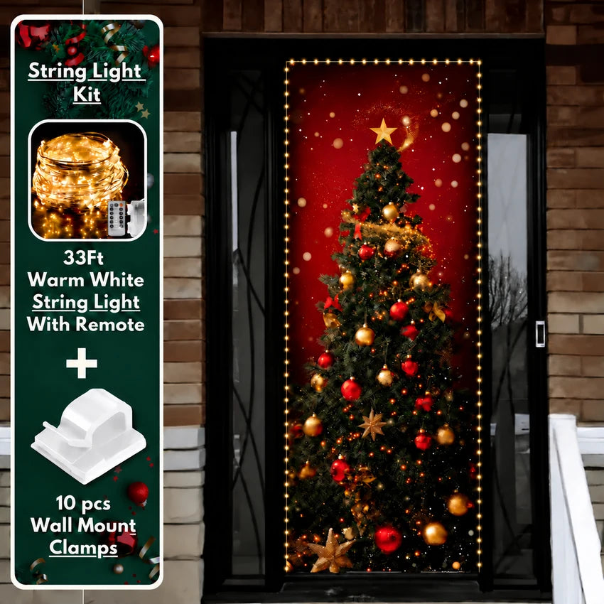 Christmas Tree front door cover on a brick entrance with optional string light kit illustrated.