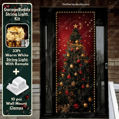 Christmas Tree front door cover on a brick entrance with optional string light kit illustrated.