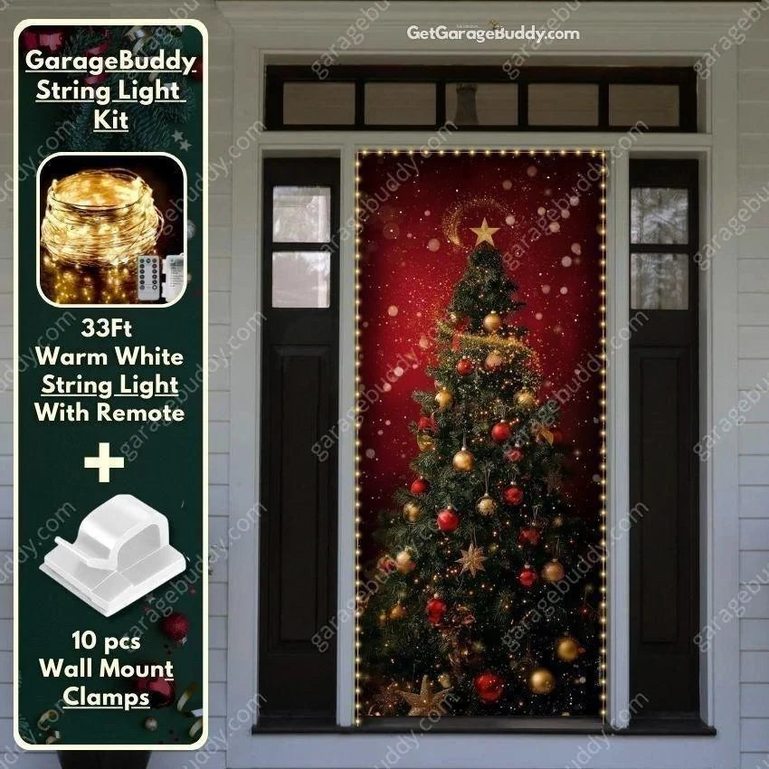 Christmas Tree front door cover on a light-colored entrance with optional string light kit illustrated.