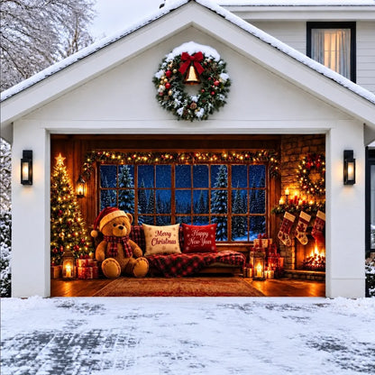 Illustrative Cozy Christmas 1-5 door cover with teddy bear, Christmas tree and fireplace, without optional perimeter string lights.