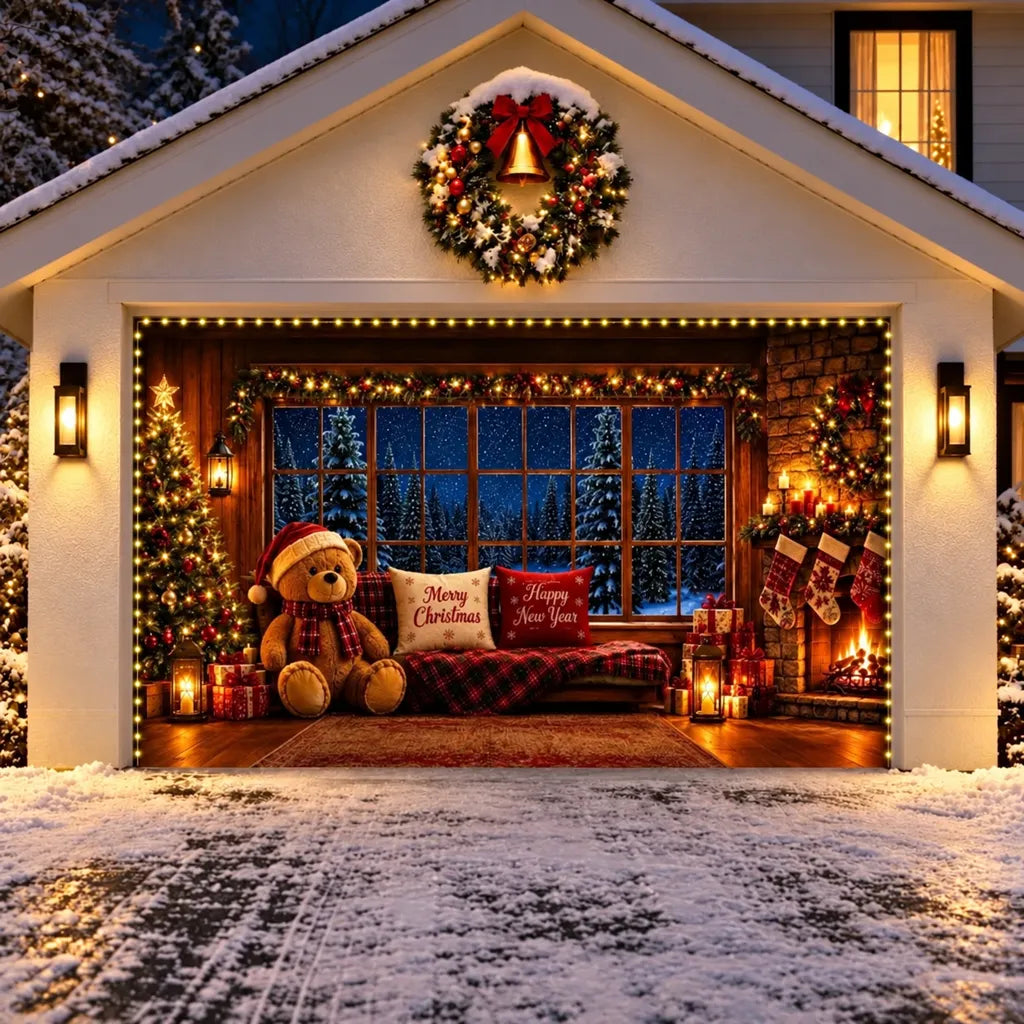 Illustrative Cozy Christmas 1-5 door cover with teddy bear, Christmas tree and fireplace, with optional perimeter string lights.