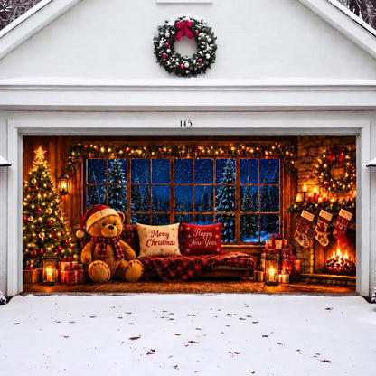 Illustrative Cozy Christmas double door cover with teddy bear, Christmas tree and fireplace, without optional perimeter string lights.
