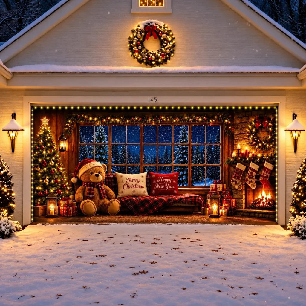 Illustrative Cozy Christmas double door cover with teddy bear, Christmas tree and fireplace, with optional perimeter string lights.