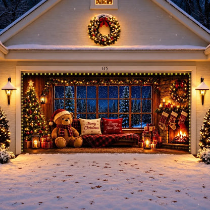Illustrative Cozy Christmas double door cover with teddy bear, Christmas tree and fireplace, with optional perimeter string lights.