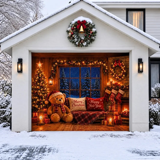 Illustrative Cozy Christmas single door cover with teddy bear, Christmas tree and fireplace, without optional perimeter string lights.
