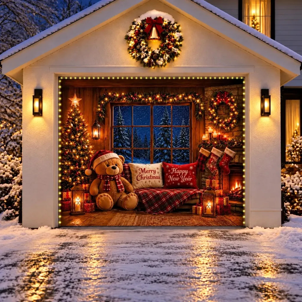 Illustrative Cozy Christmas single door cover with teddy bear, Christmas tree and fireplace, with optional perimeter string lights.