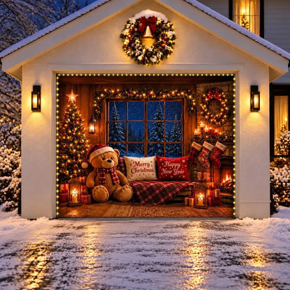 Illustrative Cozy Christmas single door cover with teddy bear, Christmas tree and fireplace, with optional perimeter string lights.