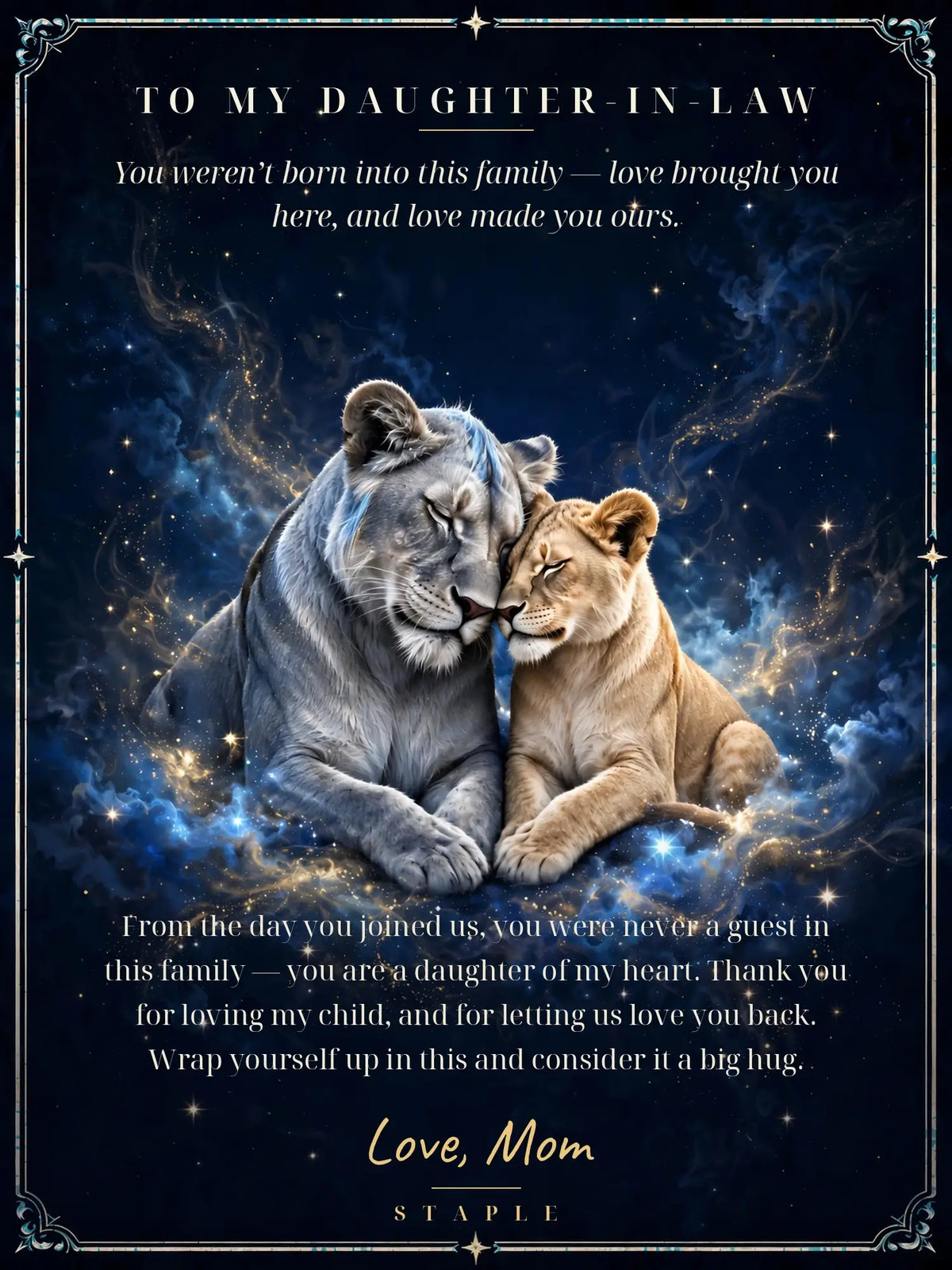 Flat artwork preview: To My Daughter-in-Law lion blanket with silver lioness, golden cub, navy stars and Love, Mom message.
