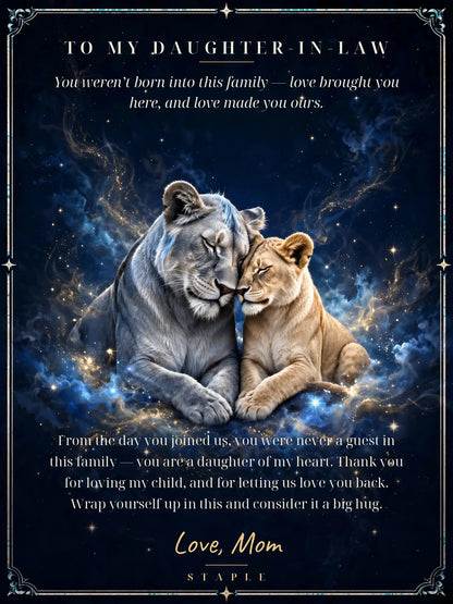 Flat artwork preview: To My Daughter-in-Law lion blanket with silver lioness, golden cub, navy stars and Love, Mom message.