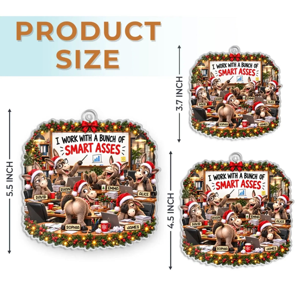 Donkey coworker ornament size guide showing 3.7, 4.5 and 5.5 inch options.