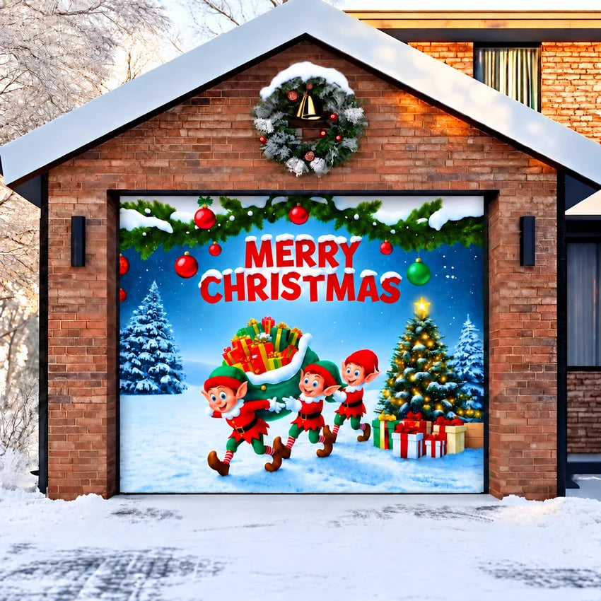 Elf Village Christmas garage door cover shown on a single garage door