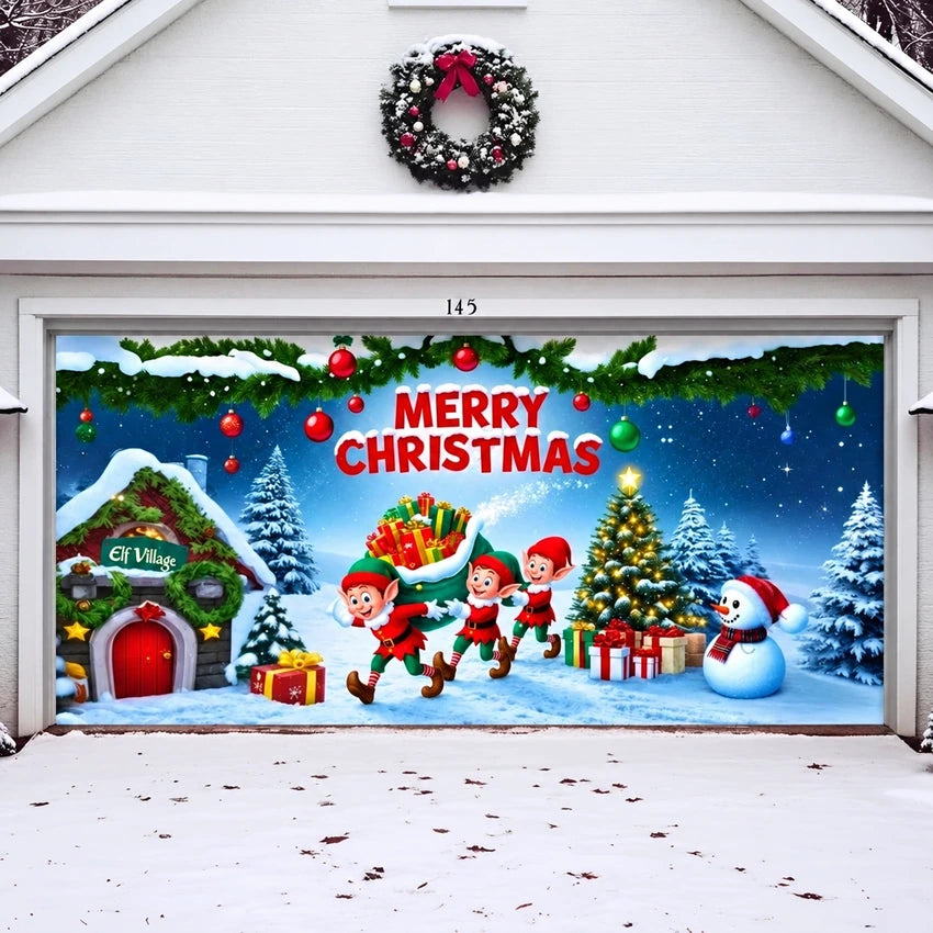 Elf Village Christmas garage door cover shown on a wide garage door
