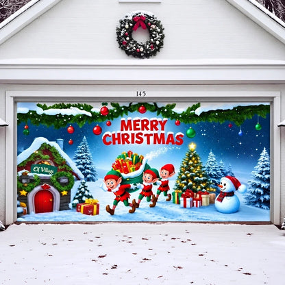 Elf Village Christmas garage door cover shown on a wide garage door