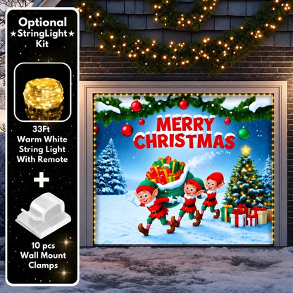 Elf Village Christmas garage door cover shown on a single garage door with the optional string light kit