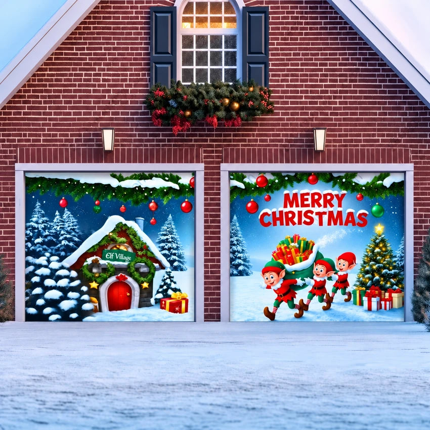 Elf Village Christmas garage door cover shown on two garage doors