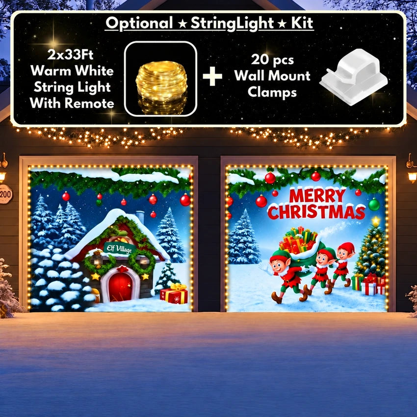 Elf Village Christmas garage door cover shown on two garage doors with the optional string light kit