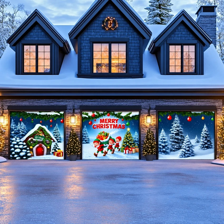 Elf Village Christmas garage door cover shown on a three-door garage