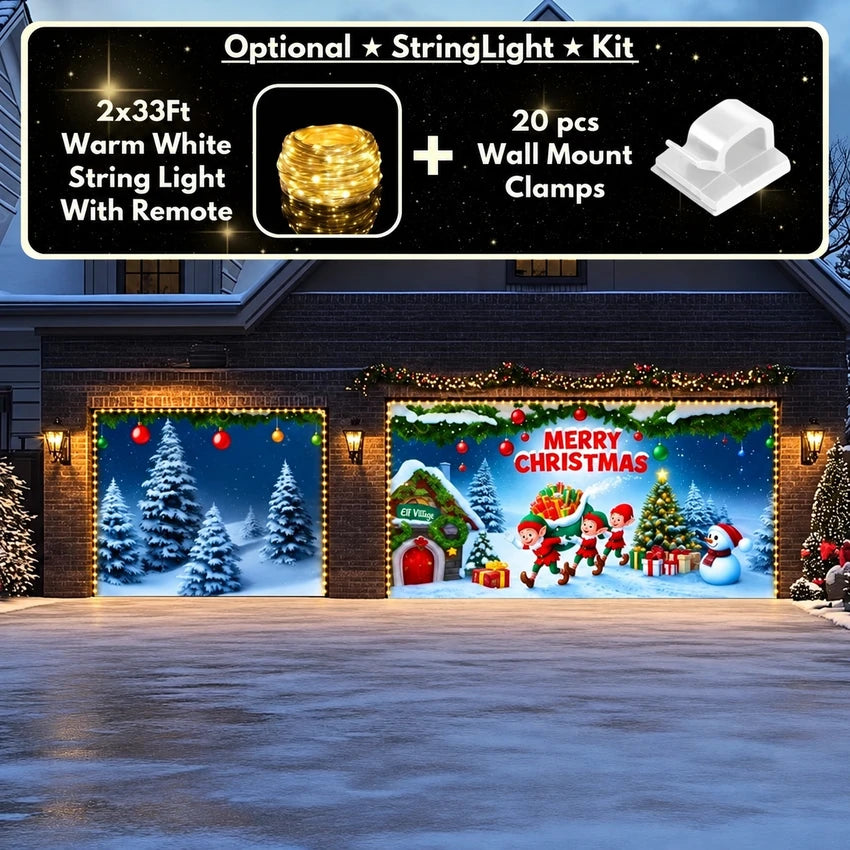 Elf Village Christmas garage door cover shown on a double-and-single garage layout with the optional string light kit
