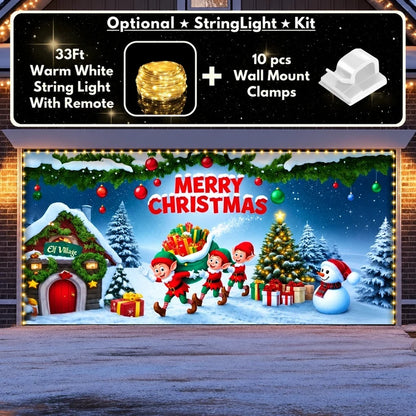 Elf Village Christmas garage door cover shown on a wide garage door with the optional string light kit