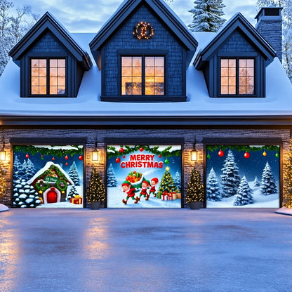 Elf Village Christmas garage door cover shown on a three-door garage