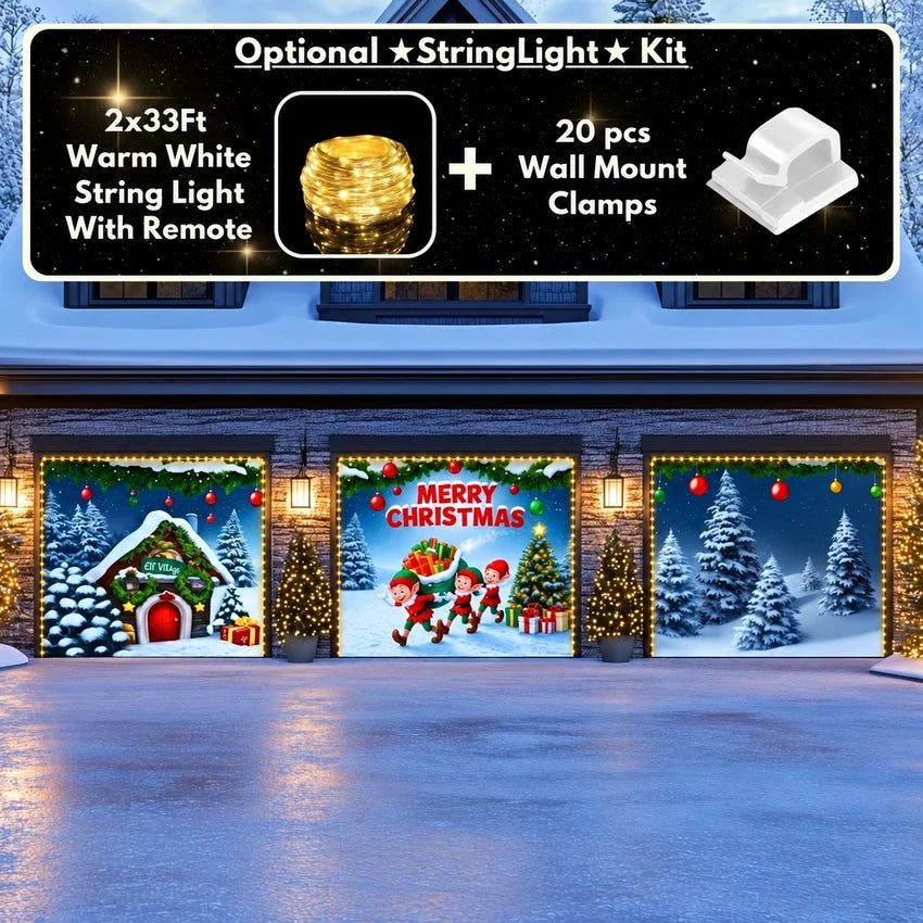 Elf Village Christmas garage door cover shown on a three-door garage with the optional string light kit