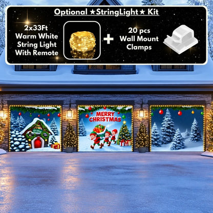Elf Village Christmas garage door cover shown on a three-door garage with the optional string light kit
