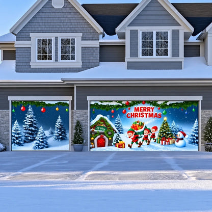 Elf Village Christmas garage door cover shown on a double-and-single garage layout