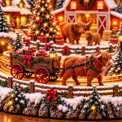 Illustrative product detail: Close-up of the Highland Cow Farm Village showing the shaggy cow pulling its gift-filled wagon along the glowing snowy track.