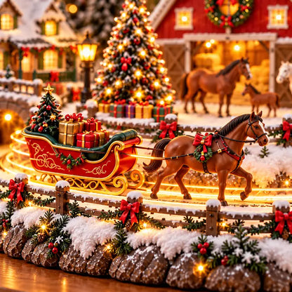 Illustrative product detail: Close-up of the Horse Sleigh Farm Village with its brown horse, red-and-gold gift sleigh, snowy fence and warm illuminated track.