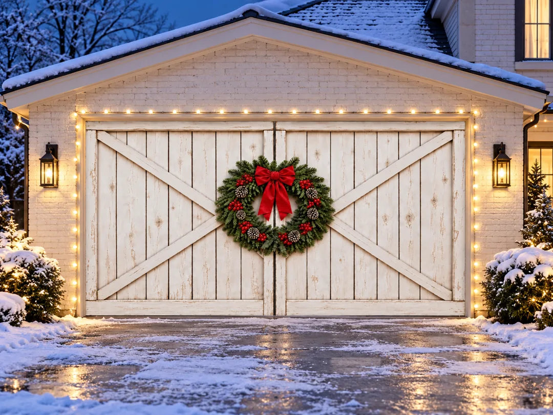 Illustrative Farmhouse Christmas 1.5-door cover preview, evening with optional string-light display.