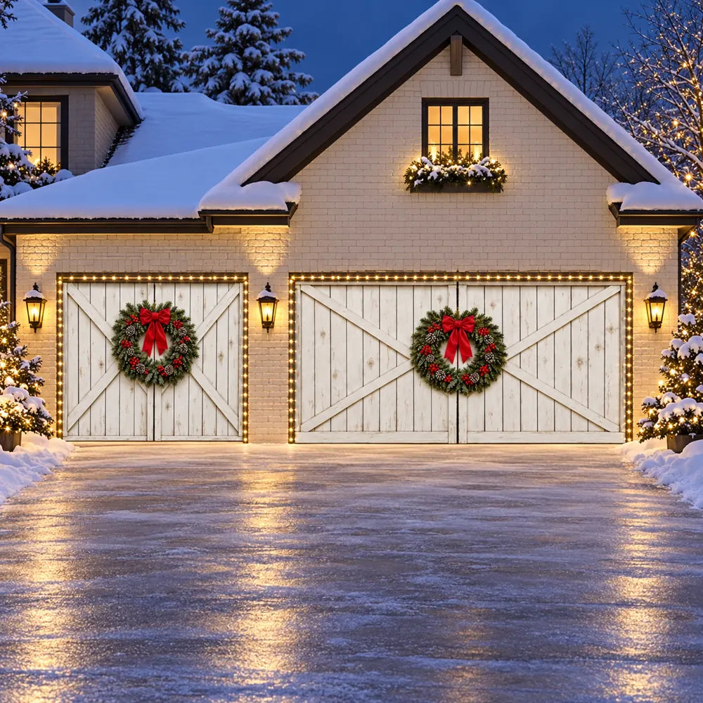 Illustrative Farmhouse Christmas cover preview, double plus single door, with optional string lights.
